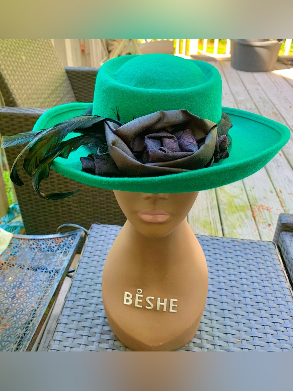Beshe Emerald Green Felt Wide-Brim Hat with Black Floral Trim
